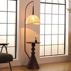 Contemporary Retro Wood Iron Fabric Dome Round Shelf 1-Light Standing Floor Lamp For Living Room Lumendat