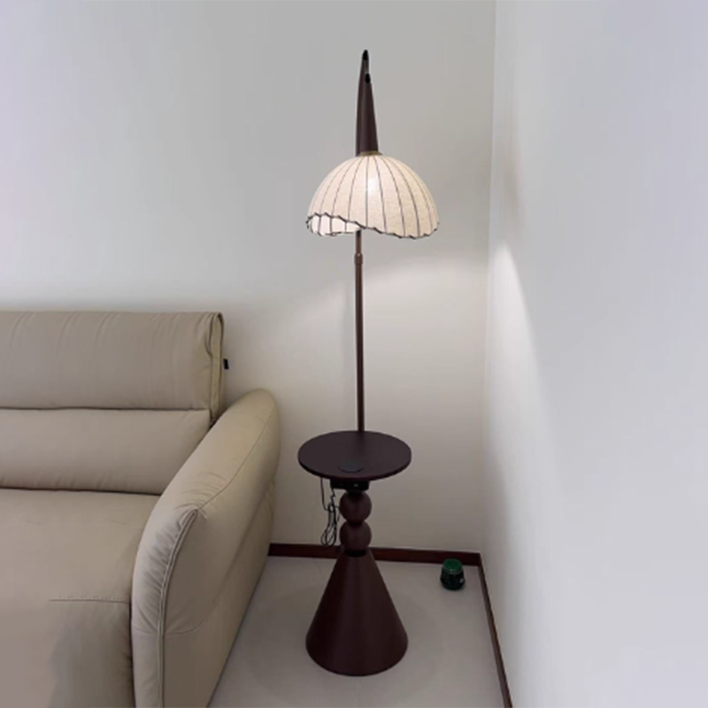 Contemporary Retro Wood Iron Fabric Dome Round Shelf 1-Light Standing Floor Lamp For Living Room Lumendat