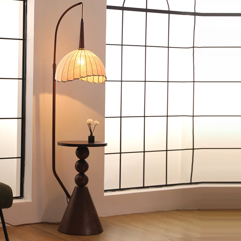 Contemporary Retro Wood Iron Fabric Dome Round Shelf 1-Light Standing Floor Lamp For Living Room Lumendat