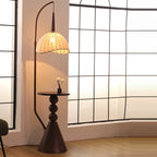 Contemporary Retro Wood Iron Fabric Dome Round Shelf 1-Light Standing Floor Lamp For Living Room Lumendat