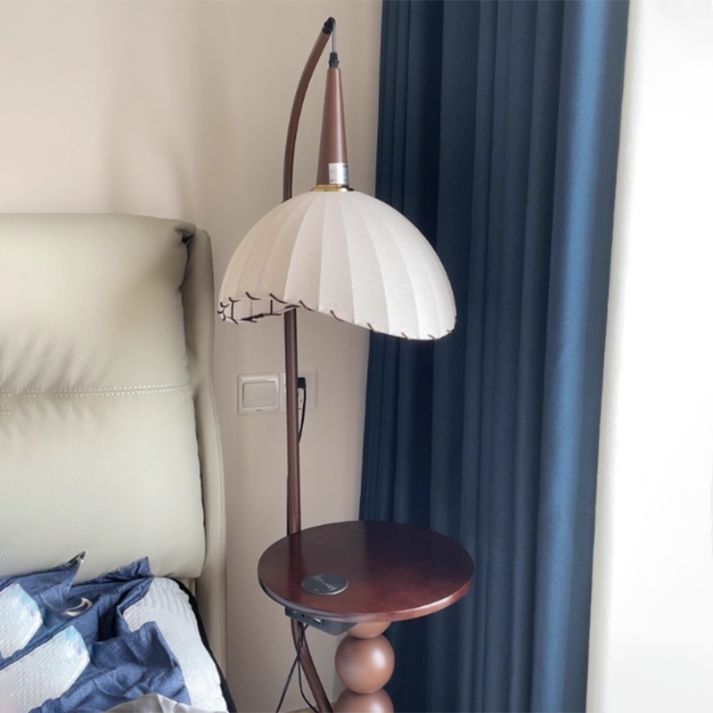 Contemporary Retro Wood Iron Fabric Dome Round Shelf 1-Light Standing Floor Lamp For Living Room Lumendat
