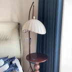 Contemporary Retro Wood Iron Fabric Dome Round Shelf 1-Light Standing Floor Lamp For Living Room Lumendat