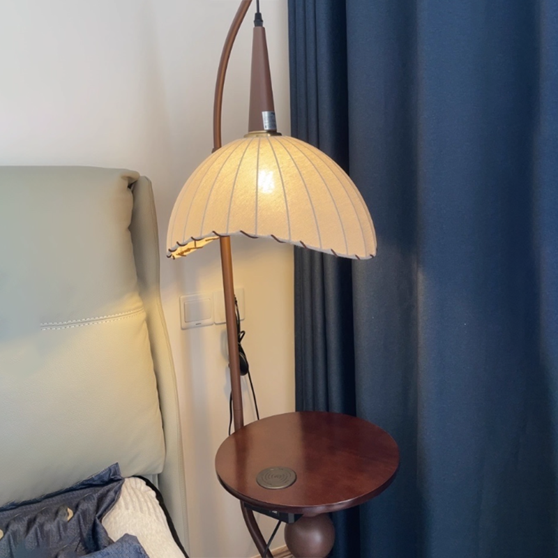 Contemporary Retro Wood Iron Fabric Dome Round Shelf 1-Light Standing Floor Lamp For Living Room Lumendat