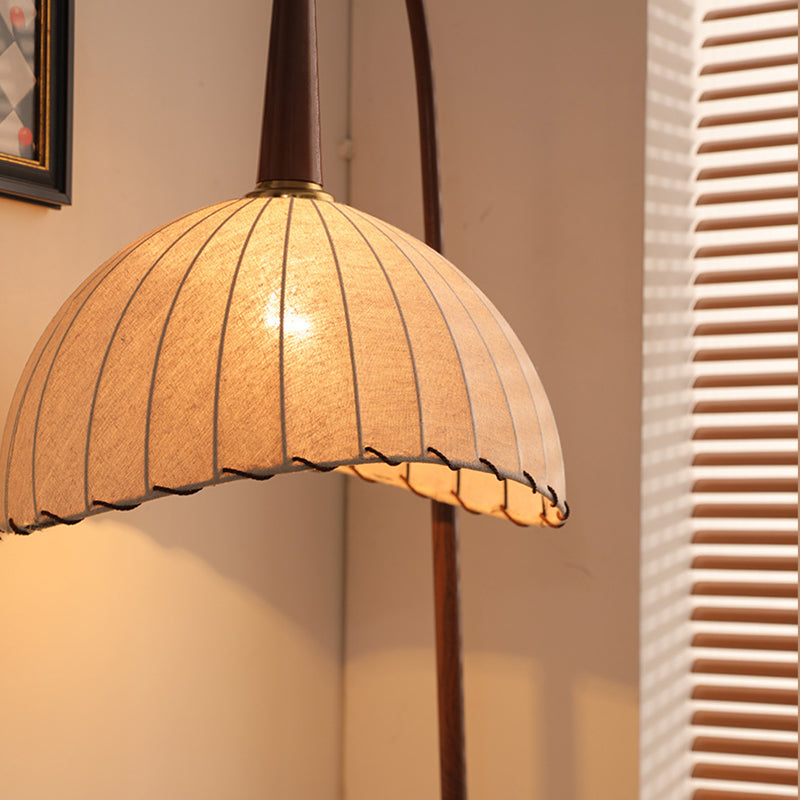 Contemporary Retro Wood Iron Fabric Dome Round Shelf 1-Light Standing Floor Lamp For Living Room Lumendat