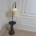Contemporary Retro Wood Iron Fabric Dome Round Shelf 1-Light Standing Floor Lamp For Living Room Lumendat