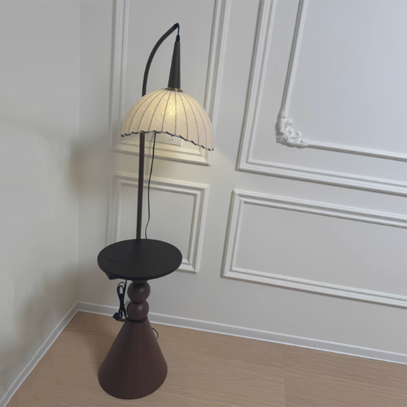 Contemporary Retro Wood Iron Fabric Dome Round Shelf 1-Light Standing Floor Lamp For Living Room Lumendat
