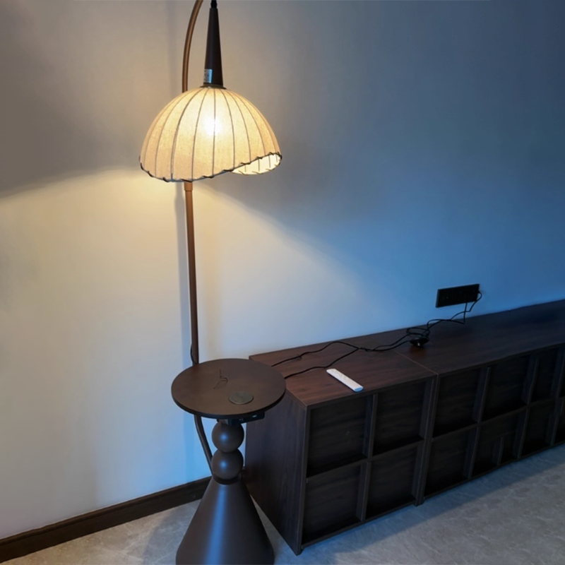 Contemporary Retro Wood Iron Fabric Dome Round Shelf 1-Light Standing Floor Lamp For Living Room Lumendat