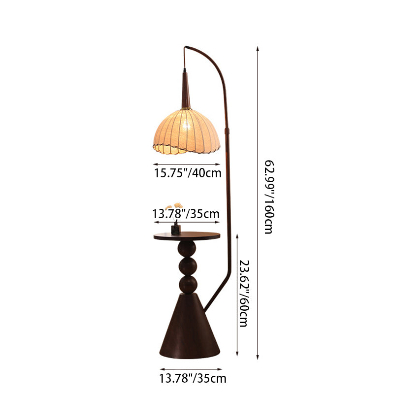 Contemporary Retro Wood Iron Fabric Dome Round Shelf 1-Light Standing Floor Lamp For Living Room Lumendat