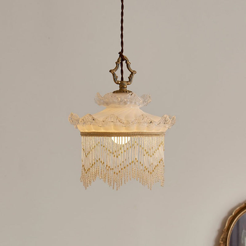 Traditional French Glass Copper Crown Tassel 1-light Pendant Light for Dining Room