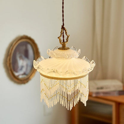Traditional French Glass Copper Crown Tassel 1-light Pendant Light for Dining Room