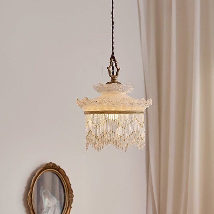 Traditional French Glass Copper Crown Tassel 1-light Pendant Light for Dining Room