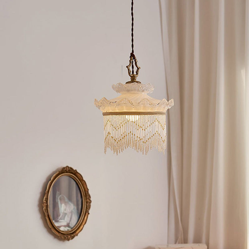 Traditional French Glass Copper Crown Tassel 1-light Pendant Light for Dining Room
