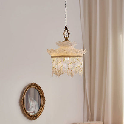 Traditional French Glass Copper Crown Tassel 1-light Pendant Light for Dining Room