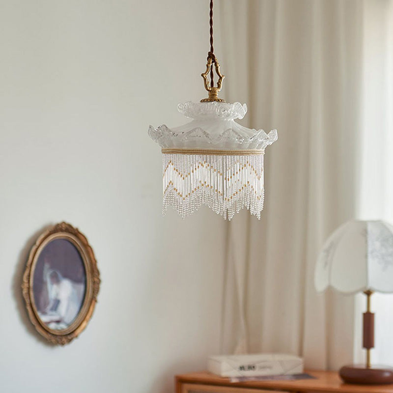 Traditional French Glass Copper Crown Tassel 1-light Pendant Light for Dining Room