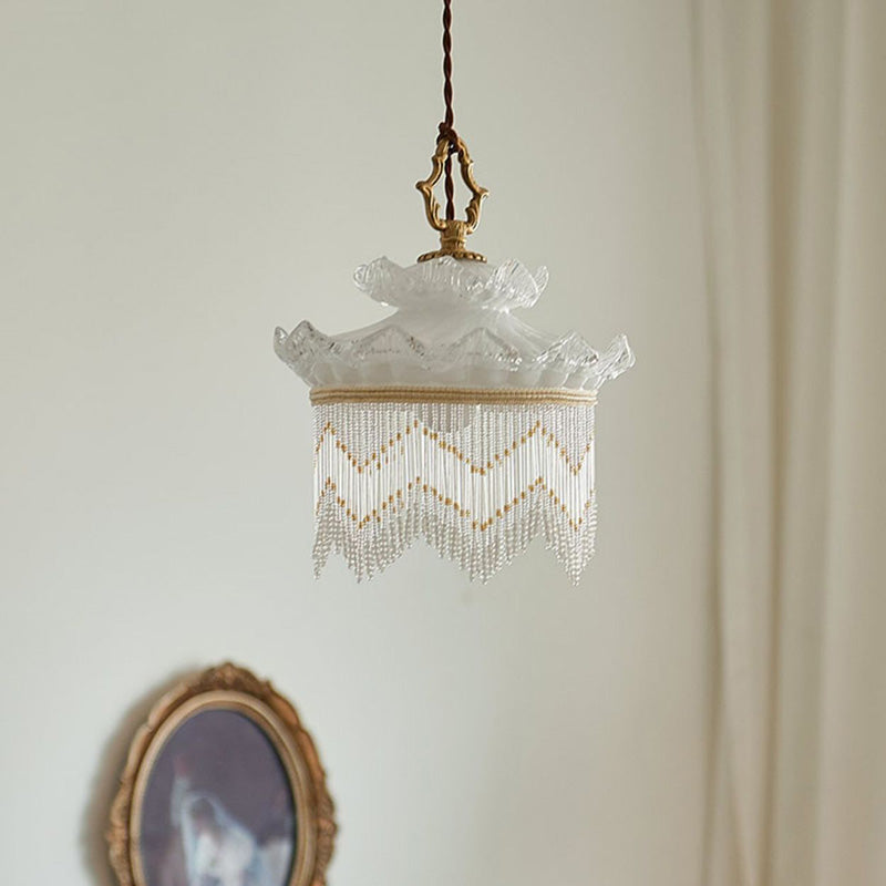 Traditional French Glass Copper Crown Tassel 1-light Pendant Light for Dining Room