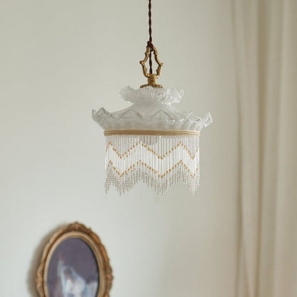 Traditional French Glass Copper Crown Tassel 1-light Pendant Light for Dining Room