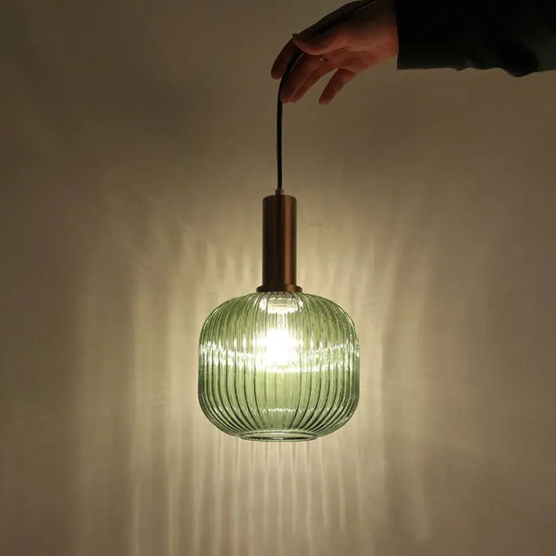 Contemporary Scandinavian Metal Glass Cylinder Striped Lantern 1-light Pendant Light for Dining Room BulbSquare