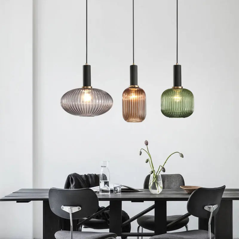 Contemporary Scandinavian Metal Glass Cylinder Striped Lantern 1-light Pendant Light for Dining Room BulbSquare