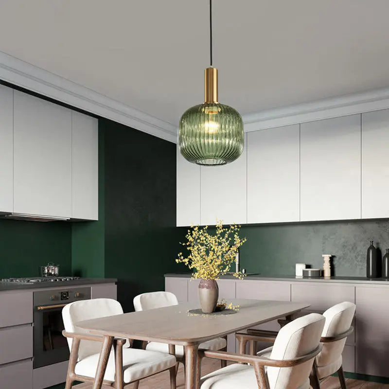Contemporary Scandinavian Metal Glass Cylinder Striped Lantern 1-light Pendant Light for Dining Room BulbSquare