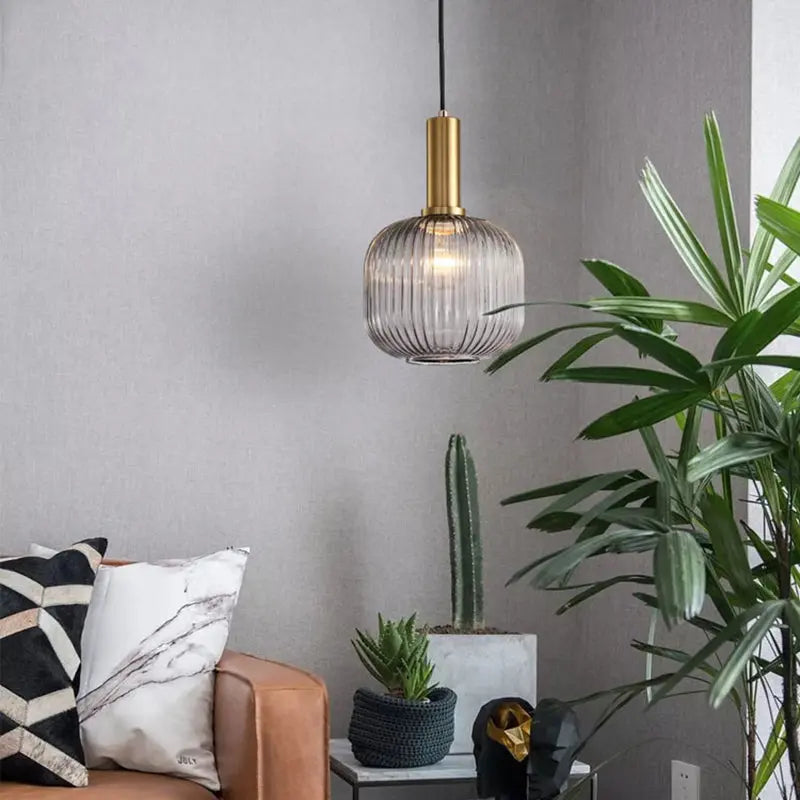Contemporary Scandinavian Metal Glass Cylinder Striped Lantern 1-light Pendant Light for Dining Room BulbSquare