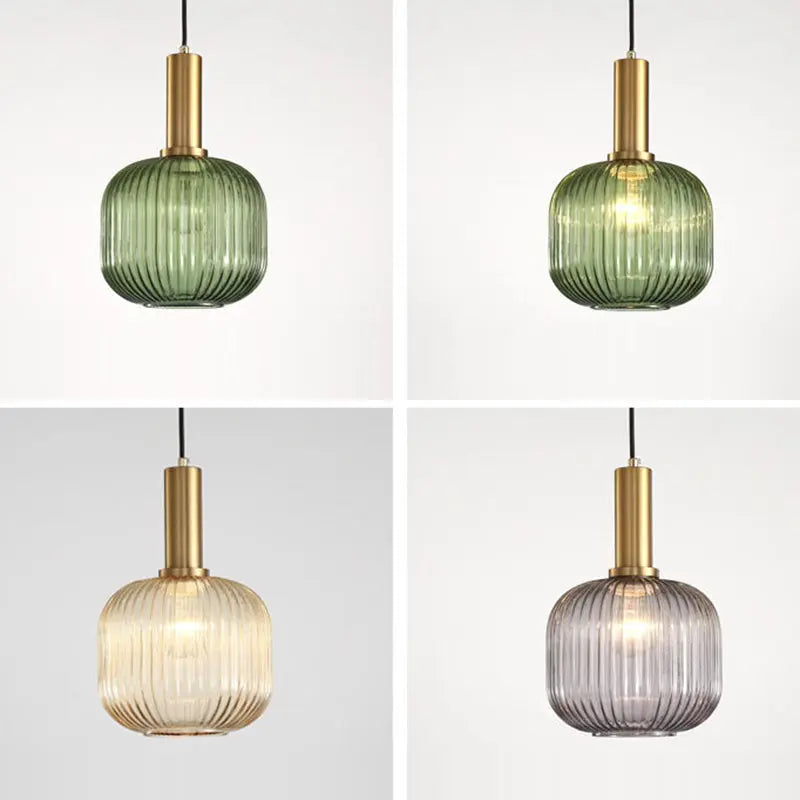 Contemporary Scandinavian Metal Glass Cylinder Striped Lantern 1-light Pendant Light for Dining Room BulbSquare