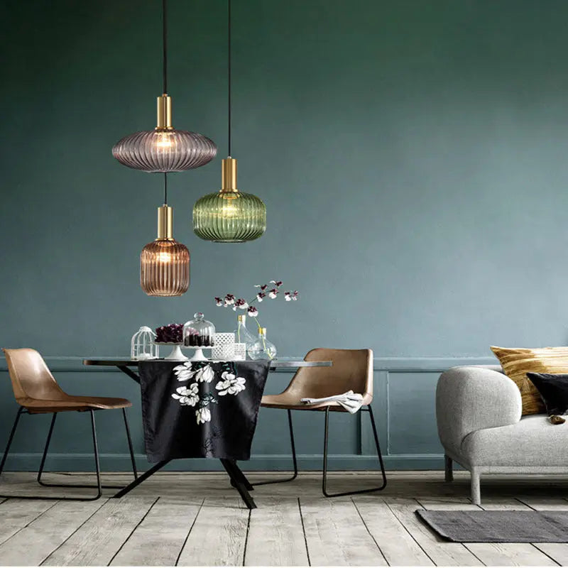 Contemporary Scandinavian Metal Glass Cylinder Striped Lantern 1-light Pendant Light for Dining Room BulbSquare