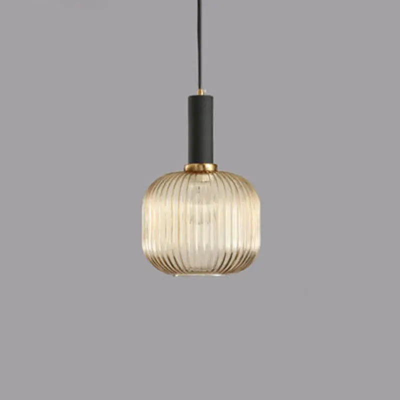 Contemporary Scandinavian Metal Glass Cylinder Striped Lantern 1-light Pendant Light for Dining Room BulbSquare