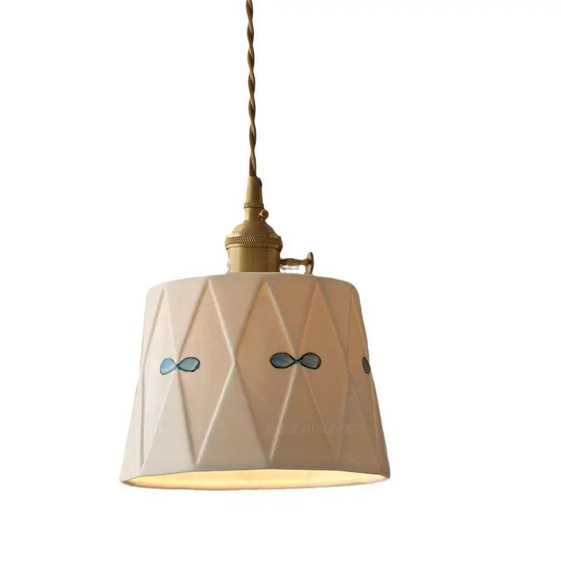 Traditional French Iron Ceramic Brass Cylinder Hand-painted Pattern 1-light Pendant Light for Dining Room BulbSquare