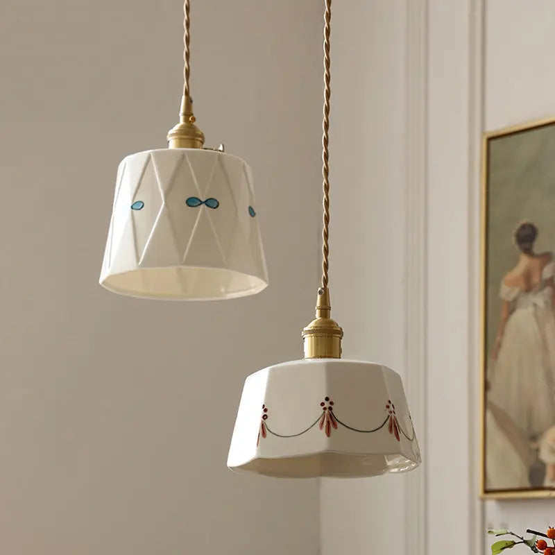 Traditional French Iron Ceramic Brass Cylinder Hand-painted Pattern 1-light Pendant Light for Dining Room BulbSquare