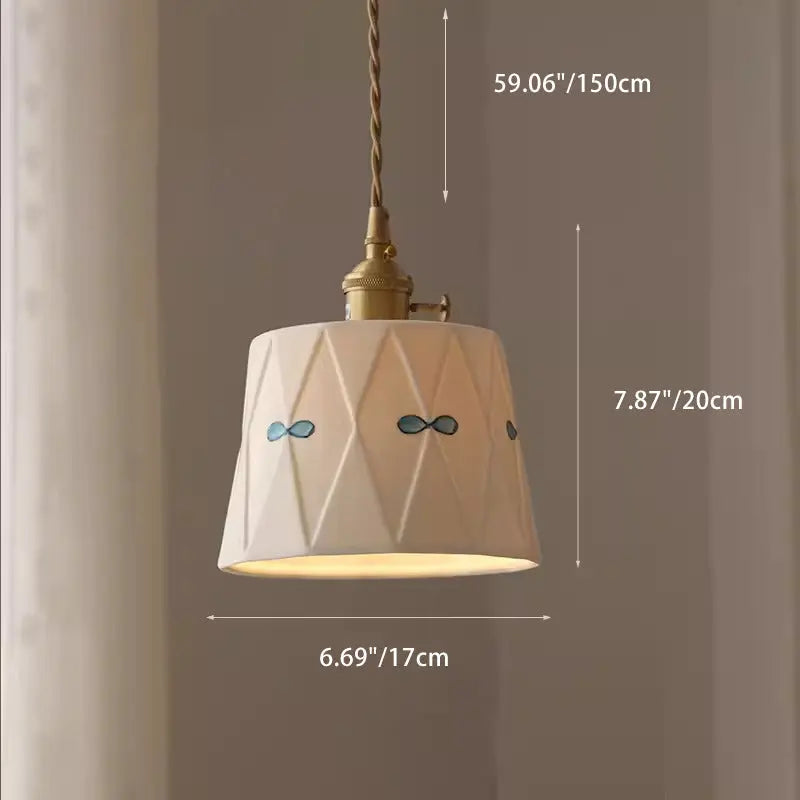Traditional French Iron Ceramic Brass Cylinder Hand-painted Pattern 1-light Pendant Light for Dining Room BulbSquare