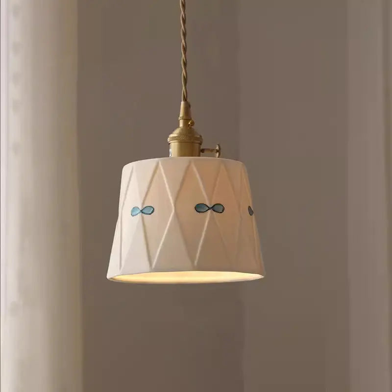 Traditional French Iron Ceramic Brass Cylinder Hand-painted Pattern 1-light Pendant Light for Dining Room BulbSquare