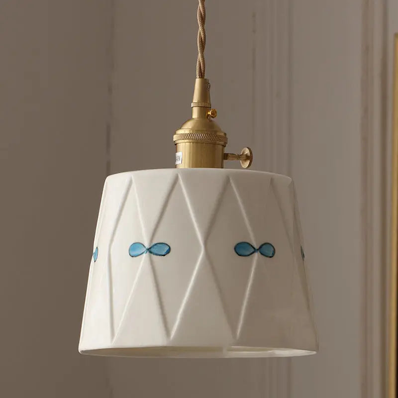 Traditional French Iron Ceramic Brass Cylinder Hand-painted Pattern 1-light Pendant Light for Dining Room BulbSquare