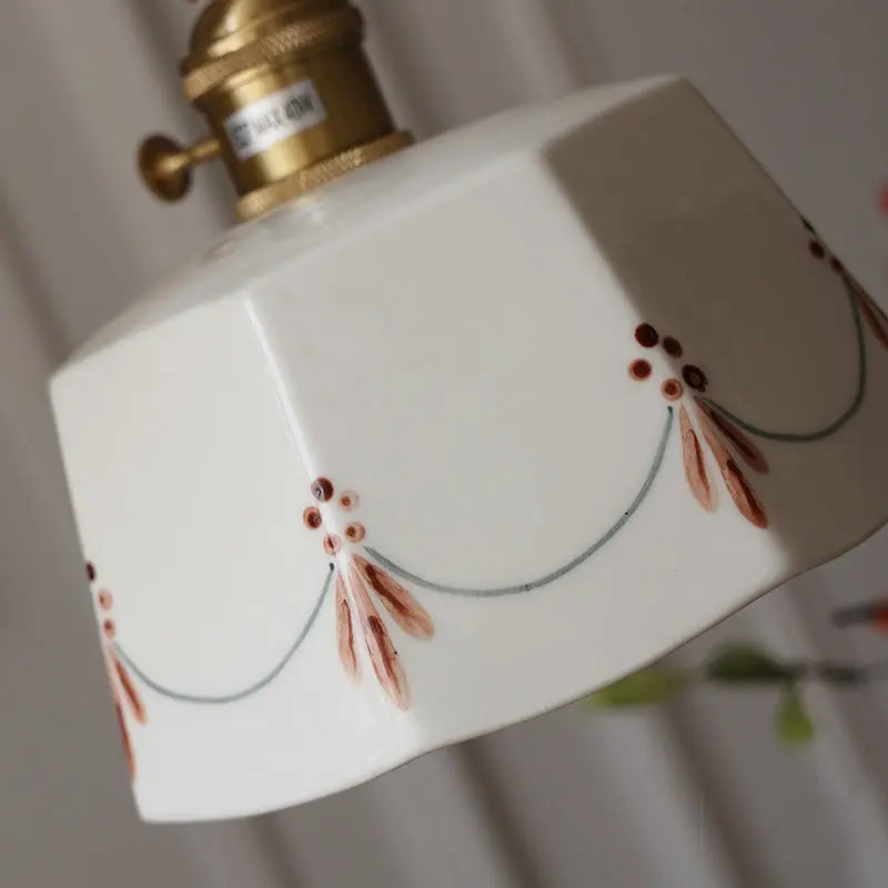 Traditional French Iron Ceramic Brass Cylinder Hand-painted Pattern 1-light Pendant Light for Dining Room BulbSquare