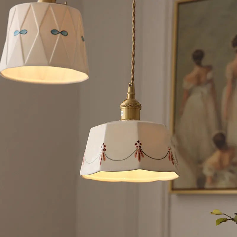 Traditional French Iron Ceramic Brass Cylinder Hand-painted Pattern 1-light Pendant Light for Dining Room BulbSquare