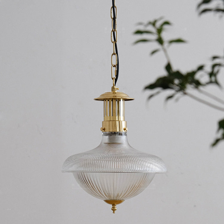 Contemporary Retro Brass Glass Ribbed Dome 1-light Pendant Light for Dining Room