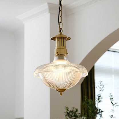 Contemporary Retro Brass Glass Ribbed Dome 1-light Pendant Light for Dining Room