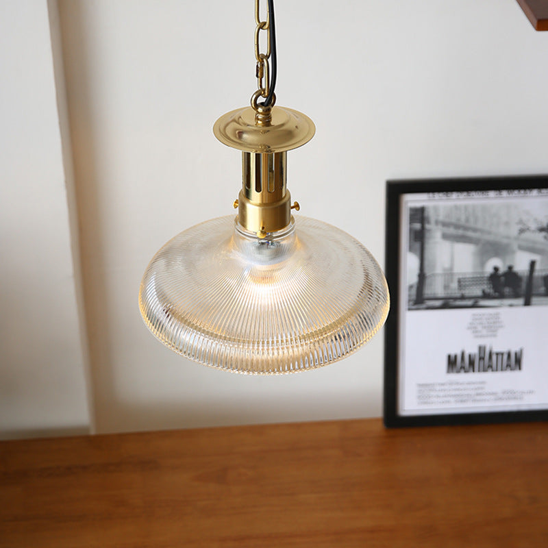 Contemporary Retro Brass Glass Ribbed Dome 1-light Pendant Light for Dining Room