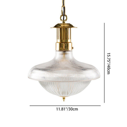 Contemporary Retro Brass Glass Ribbed Dome 1-light Pendant Light for Dining Room