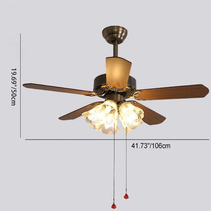 Contemporary Retro Glass Wood Iron Round Floral 2/5 Light Downrods Ceiling Fan Light For Living Room