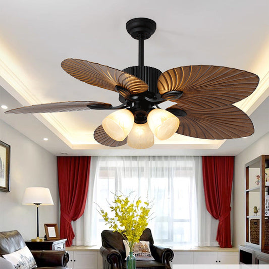 Contemporary Retro Alloy ABS Copper Glass Bell Palm-Leaf 3/5 Light Downrods Ceiling Fan Light For Living Room