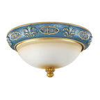 Traditional European Resin Iron Glass Round Dome Carved Pattern 4-Light Flush Mount Ceiling Light For Bedroom