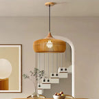 Traditional Japanese Brass Wood Hollowed Lantern Round 1-Light Pendant Light For Dining Room