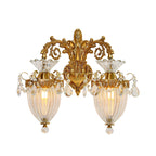 Traditional European Alloy Brass Glass Crystal Teardrop-Shaped Carved 1/2 Light Wall Sconce Lamp For Living Room