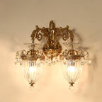 Traditional European Alloy Brass Glass Crystal Teardrop-Shaped Carved 1/2 Light Wall Sconce Lamp For Living Room