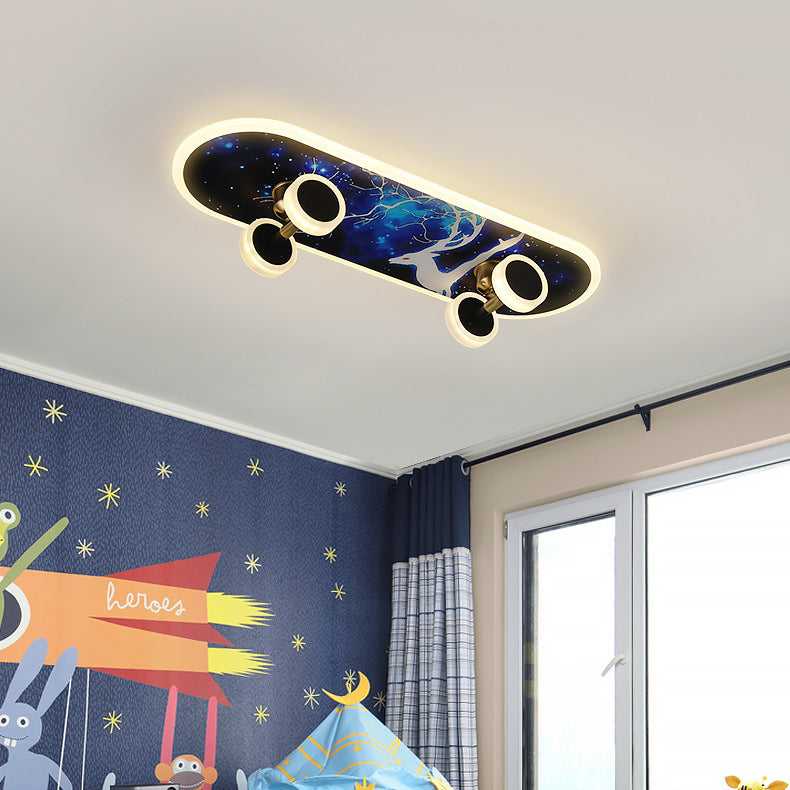 Contemporary Creative Kids Iron Acrylic Elliptical Skateboard LED Flush Mount Ceiling Light for Bedroom