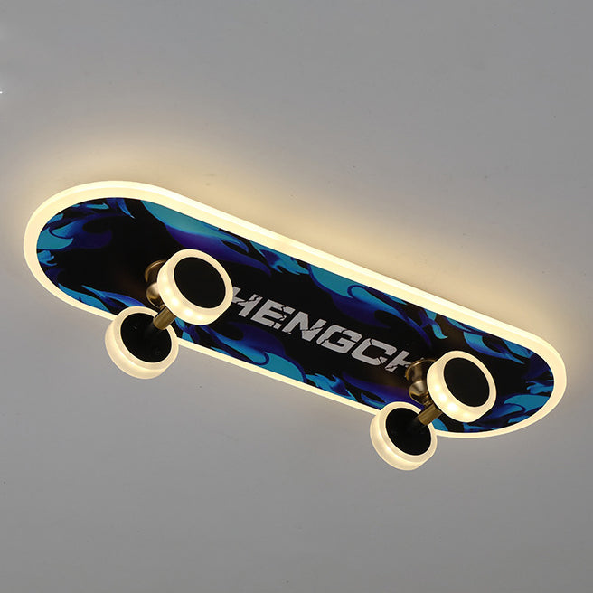 Contemporary Creative Kids Iron Acrylic Elliptical Skateboard LED Flush Mount Ceiling Light for Bedroom