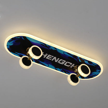 Contemporary Creative Kids Iron Acrylic Elliptical Skateboard LED Flush Mount Ceiling Light for Bedroom