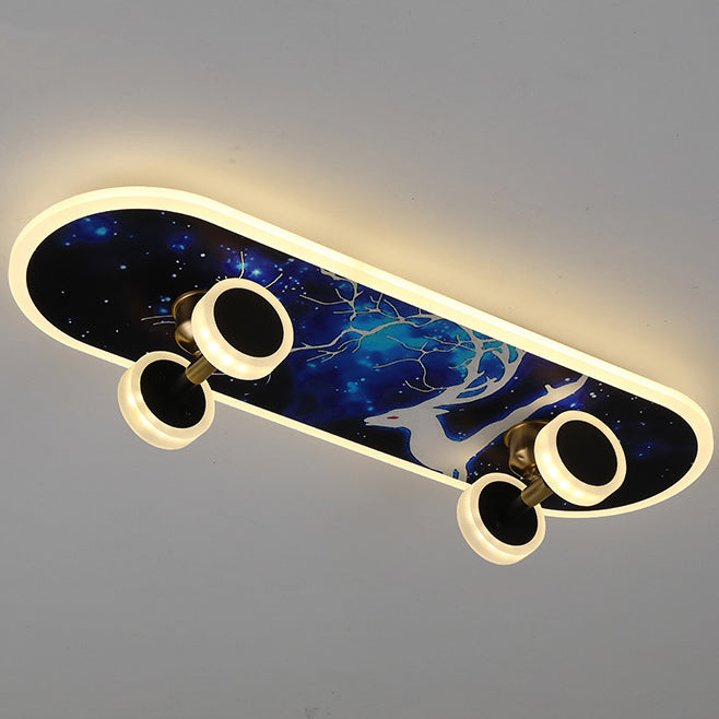 Contemporary Creative Kids Iron Acrylic Elliptical Skateboard LED Flush Mount Ceiling Light for Bedroom