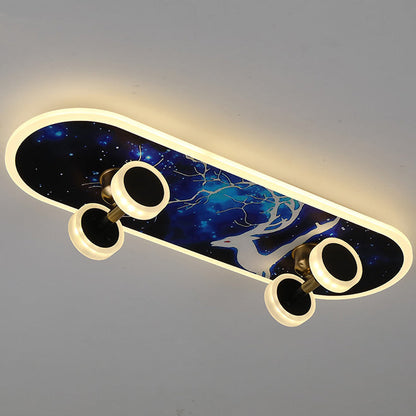 Contemporary Creative Kids Iron Acrylic Elliptical Skateboard LED Flush Mount Ceiling Light for Bedroom