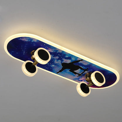 Contemporary Creative Kids Iron Acrylic Elliptical Skateboard LED Flush Mount Ceiling Light for Bedroom